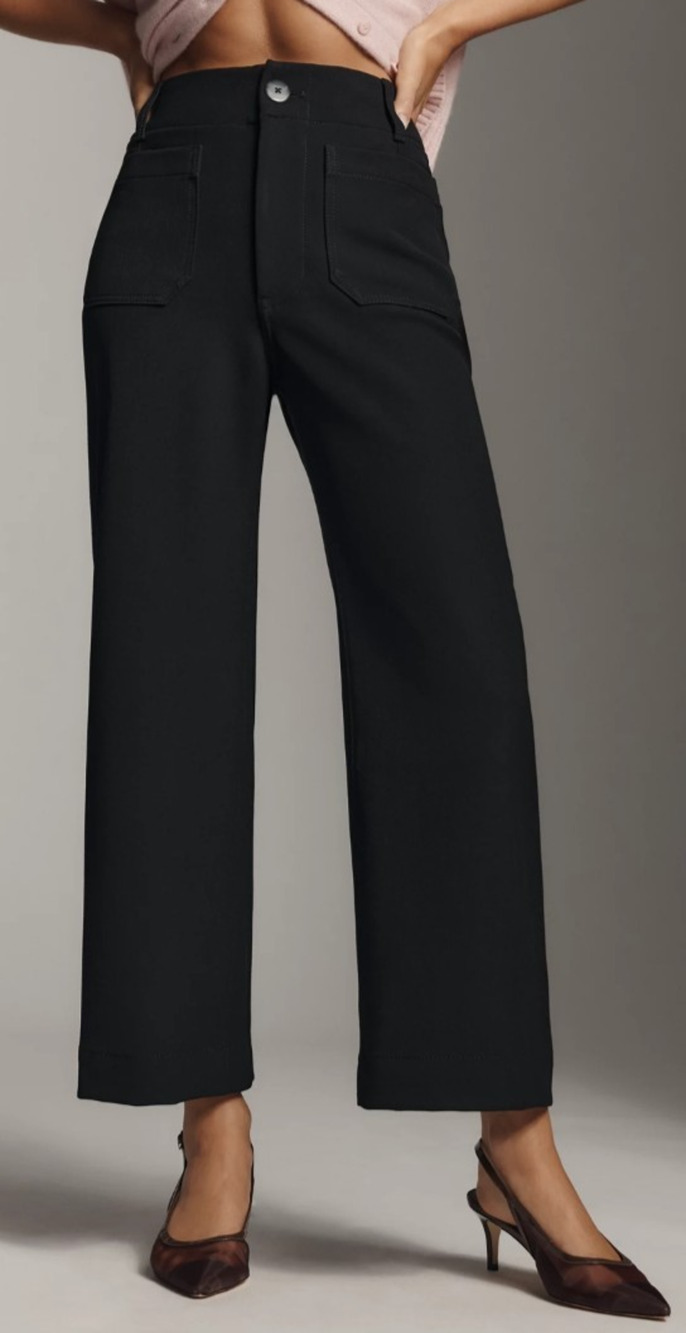 Maeve Anthropologie Black Colette Crop Stretch Twill Pants Wide Leg Size 30